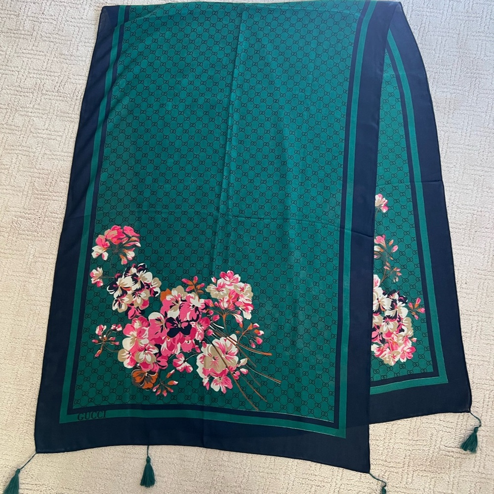 Green and Pink Floral Silk Scarf